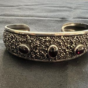Granulated STERLING SILVER Cuff Bracelet with GENUINE GARNETS